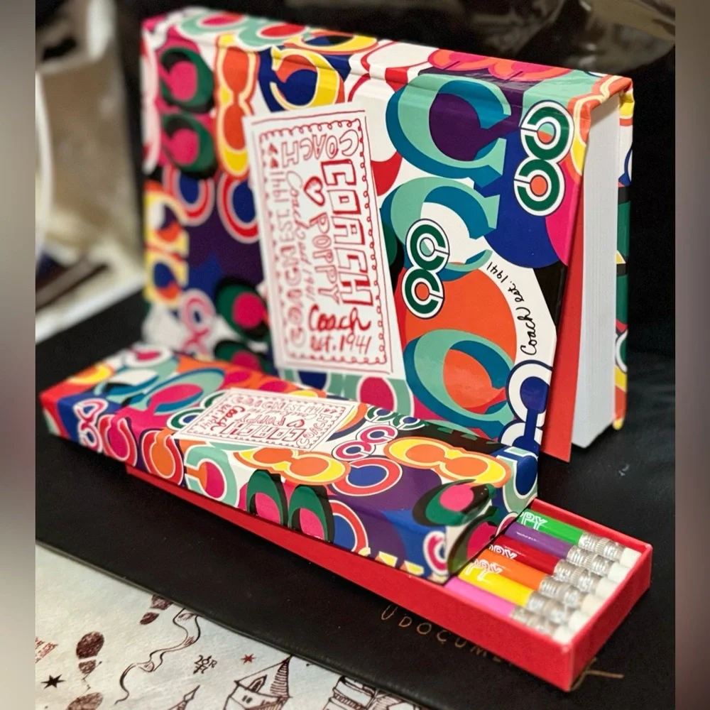 Coach Multicolor Circle-Print Notebook with Bright Colored Pencils